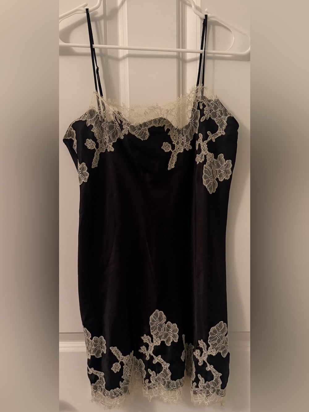 Victorias Secret Black Satin Slip Chemise with Ivory Lace Trim